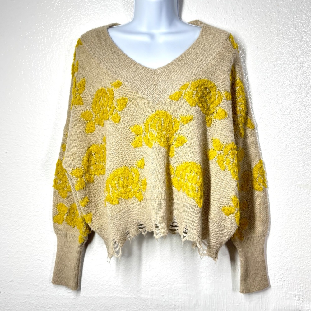 Anthropologie Floral Rose Distressed Alpaca Blend V-Neck Sweater Beige Yellow XS - Picture 9 of 9